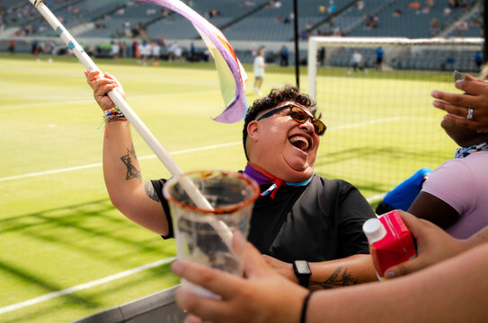 Sports Fan Waves Flag at Game 