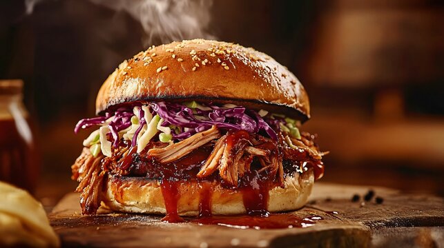 Juicy pulled pork sandwich with coleslaw, dripping barbecue sauce, soft brioche bun, smoky background.