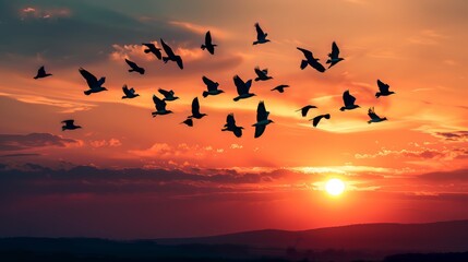 A flock of birds flying in formation on an isolated sunset background, graceful and free-spirited