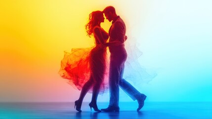 Silhouetted Couple Dancing in Colorful Light Abstract Digital Art Romantic Dance