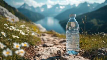 A bottle of mineral water on a mountain trail with a scenic background