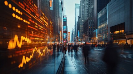 Obraz premium A bustling financial district with stock market data displayed on building exteriors