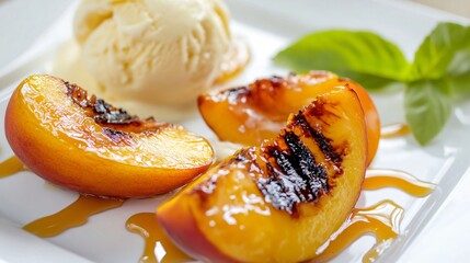 Juicy grilled peaches with honey drizzle, served with vanilla ice cream, warm and comforting dessert.
