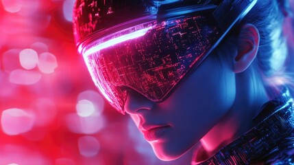 Futuristic Woman in Neon Lit Cyberspace Wearing High-Tech VR Headset with Digital Overlay
