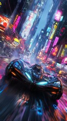 A futuristic game hero speeds through a vibrant neon city at night showcasing stunning visuals and dynamic lighting for wallpapers