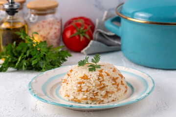 Traditional delicious Turkish food; Turkish style rice pilaf (Turkish name; Arpa sehriyeli pirinc pilavi)