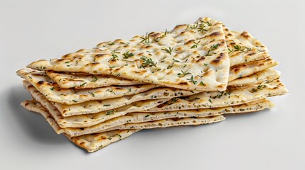  A stack of flatbreads with herbs on an isolated light gray background