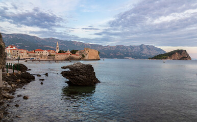 Budva, Montenegro - 9 September 2021: Old town of Budva at sunset. Budva, Montenegro