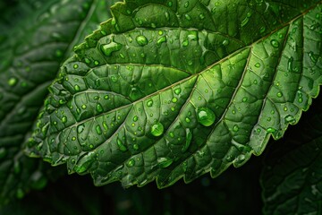 Green leaf shining with water drops after rain