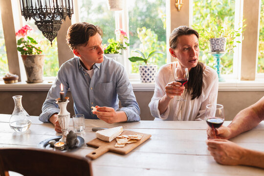 Family Enjoying Wine and Cheese Together at Home in the Evening