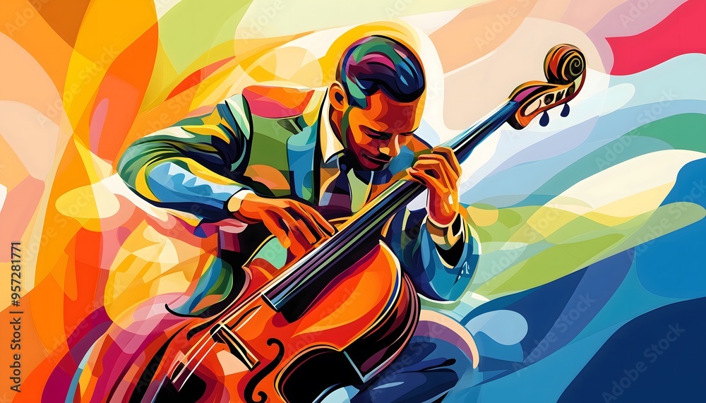 Wall mural An abstract and colorful illustration of a jazz musician playing the bass