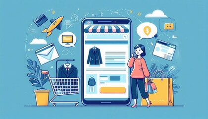 A vibrant illustration of e-commerce shopping, showcasing a woman interacting with a mobile app, surrounded by shopping icons and elements.