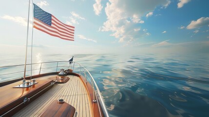 The American flag flying on a modern boat in a calm harbor