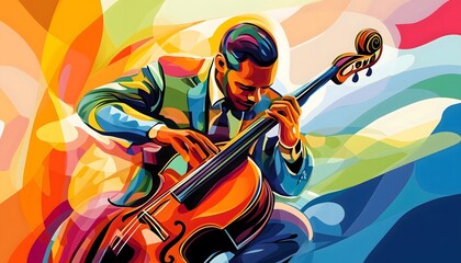 An abstract and colorful illustration of a jazz musician playing the bass