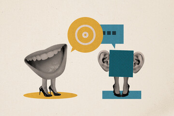 Composite collage image of funny mouth smile laugh listen hear conversation speech bubble billboard...