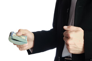 Business man holding money on white background