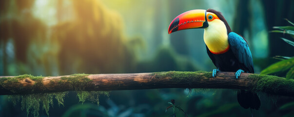 Obraz premium Toco toucan colorful bird (Ramphastos toco). Beautiful toucan bird in natural habitat. wide banner.