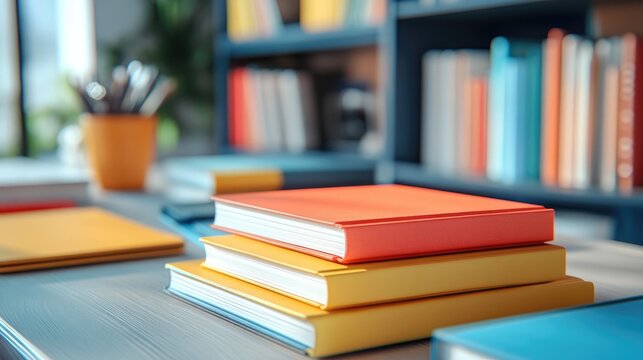 Colorful Stacked Books in a Bright Library, Focus on Education and Learning Resources