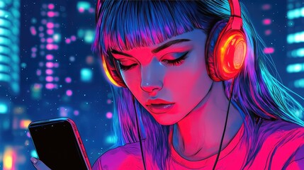 Young Woman with Neon Headphones Listening to Music on Smartphone in Futuristic Urban Setting