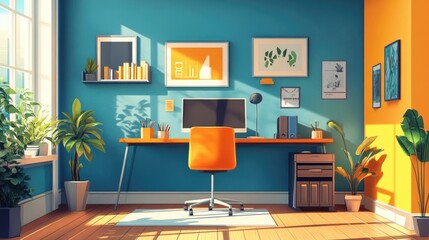 Modern Home Office with Bright Color Scheme, Minimalist Design, and Indoor Plants