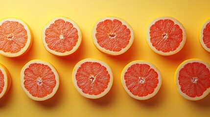 Fresh Sliced Red Grapefruits on Bright Yellow Background