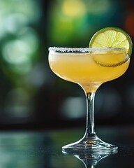 A close-up of a margarita with a salted rim and a lime wedge