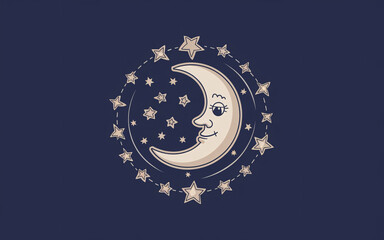 Fototapeta premium A whimsical illustration of a large, smiling moon with stars for eyes and a bow. Surrounding the moon are smaller stars, some of which aresmiling and have eyes