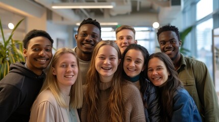 Diverse Group of Young Adults Smiling and Posing Together in a Modern Office Setting