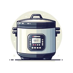 Fototapeta premium A flat illustration vector image of a rice cooker with a lid and a digital display, placed on a solid white background.