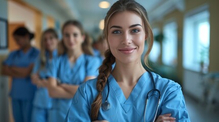 Fototapeta premium A confident nurse stands in a hospital corridor surrounded by her colleagues during a busy shift in the healthcare setting