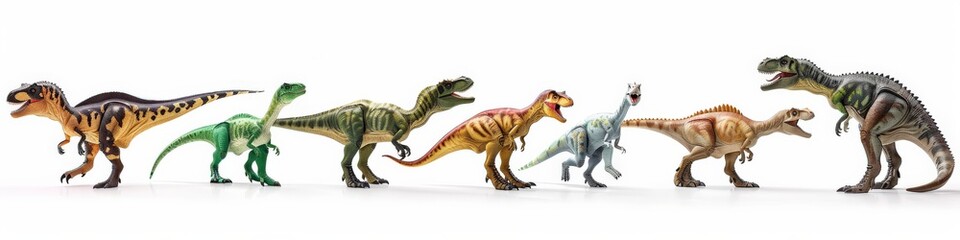 Naklejka premium Dinosaurs. A Group of Seven Prehistoric Animals in a Row. Featuring Tyrannosaurus and T-Rex