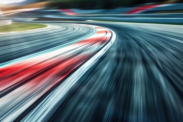 A blurred image of a race track with a red and white line, generative ai image