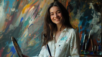 Fototapeta premium Smiling Female Artist Holding Paintbrush in Creative Studio with Colorful Abstract Background