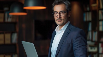 Fototapeta premium Confident Businessman in Modern Office Holding Laptop with Bookshelves and Stylish Lighting in Background