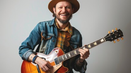 Obraz premium Smiling Bearded Man Playing Electric Guitar in Casual Denim Jacket and Hat Against Neutral Background
