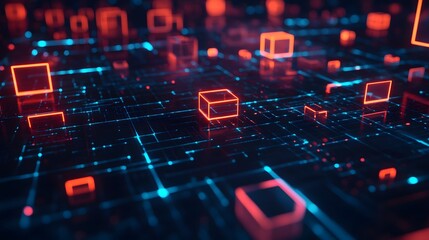 Obraz premium A dark background with colorful, glowing lines forming the outline of rectangular blocks, creating an abstract and futuristic design