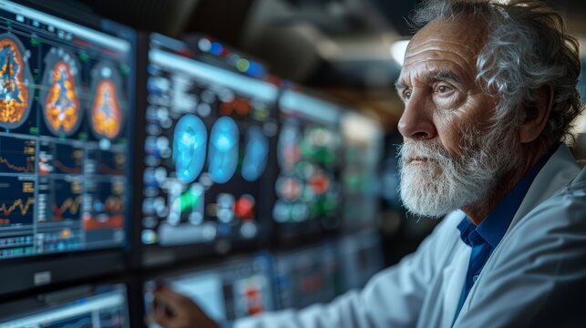 Senior scientist analyzing complex data on multiple screens in a high-tech laboratory environment during evening hours