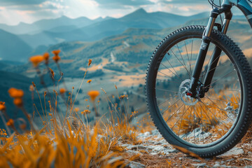 Mountain bike resting on trail overlooking misty mountain valley