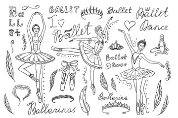 Big set of ballet themes in doodle style. Ballerina. Dance. Grace, pointe shoes, pointe, ballet tutu, feather, diadem, tiara, coronet, swan lake. Hand drawn