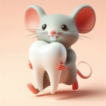 Cute cartoon mouse holding a large tooth, ideal for children's dental health campaigns, educational materials, or promotional content in dentistry.