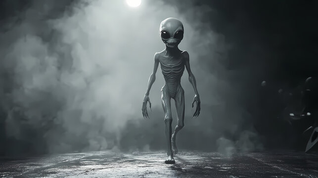 Scary gray alien walks and looks blinking on a dark smoky background. ufo futuristic concept. 3d rendering. Alien. Illustration