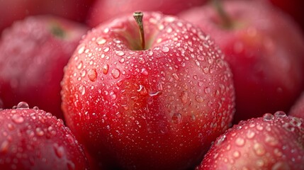 Freshly washed red apples glistening with water droplets stacked together on a wooden surface in a natural setting