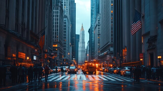 A crowded financial district with skyscrapers, stock ticker running along the buildings