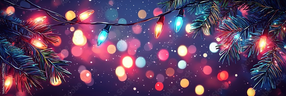 Wall mural a close-up of christmas tree branches with vibrant, colorful lights strung across, against a backdro