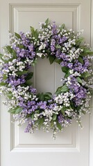 A stunning wreath featuring vibrant blue and purple flowers is beautifully displayed on a white background, emphasizing the floral arrangement's colors and details
