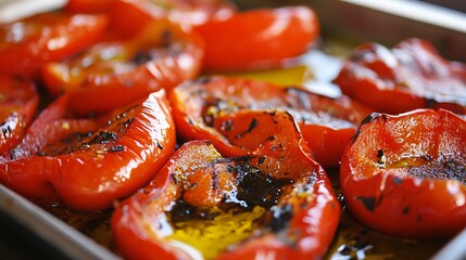 Juicy roasted red pepper slices, charred and sweet, served with a drizzle of olive oil, vibrant and smoky.