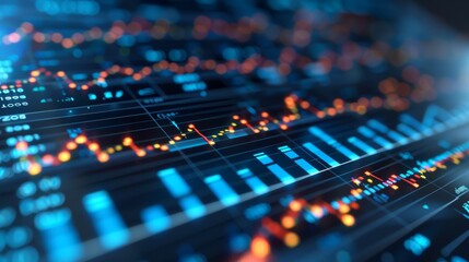 Visual representation of financial trends with colorful graphs and data analytics on a digital screen at night