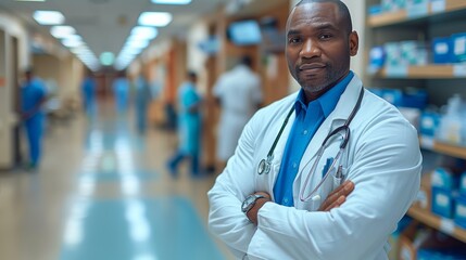 Fototapeta premium Dedicated healthcare professional standing confidently in a hospital corridor while colleagues attend to patients during the day