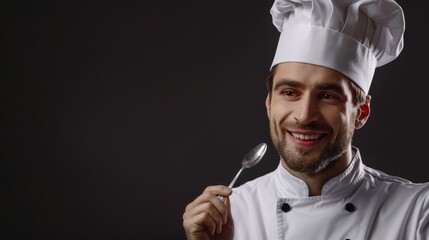 Naklejka premium Professional Chef in Uniform Holding a Spoon and Smiling Against Dark Background