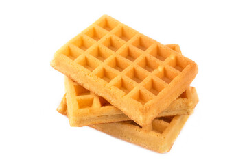 Belgian Waffle Isolated, Square Waffled Cookie, Soft Golden Belgium Waffles, Wafer Biscuit Breakfast on White Background